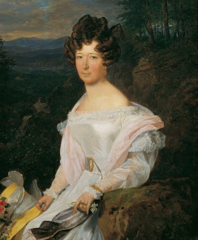 Dama con un vestido blanco frente a un paisaje en los bosques de Viena de Ferdinand Georg Waldmuller