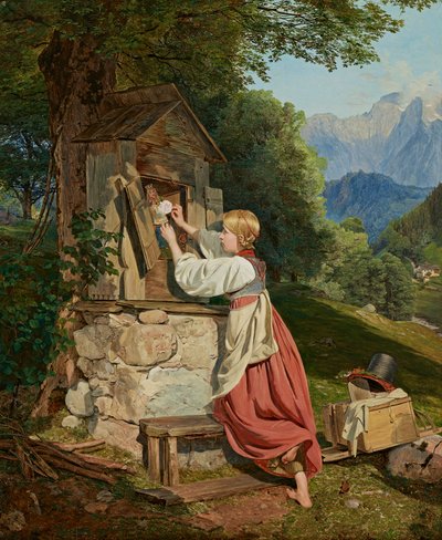 Una niña decora a la Madre de Dios con una rosa. de Ferdinand Georg Waldmuller
