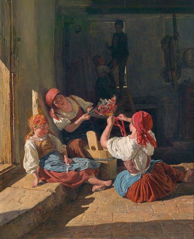 Niños decorando el sombrero de un recluta. Pintura de Ferdinand Georg Waldmuller (1793-1865), óleo sobre madera de Ferdinand Georg Waldmuller