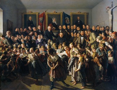 Los niños de padres pobres reciben ropa de invierno de la comunidad de Spittelberg en Michaelmas de Ferdinand Georg Waldmuller