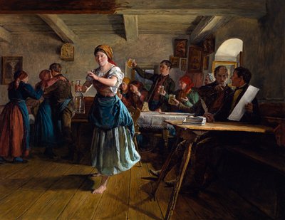 El Baile de Apertura. Escena en un café, la camarera, feliz y descalza, perfila un paso de baile con una jarra vacía en la mano. A su alrededor, los clientes chocan sus vasos alzando sus jarras de cerveza, a la salud de una pareja que de Ferdinand Georg Waldmuller