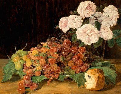 Bodegón con rosas, fresas y pan de Ferdinand Georg Waldmuller