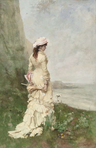 Una dama elegante junto al mar de Ferdinand Heilbuth