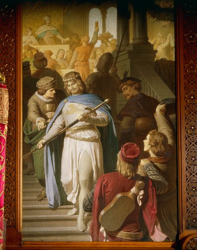 Los mejores poetas y juglares se reúnen en Wartburg y son recompensados por el Landgrave Hermann por logros particularmente finos, de la Saga de Tannhäuser, Comedor de Ferdinand II Piloty