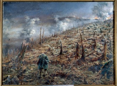 Primera Guerra Mundial (1914-1918): "El barranco de la muerte en Verdún" Paisaje de ruinas y cenizas después de la batalla. Pintura de Ferdinand Joseph Gueldry (1858-1945) 1916 París. Museo de las Dos Guerras Mundiales de Ferdinand Joseph Gueldry