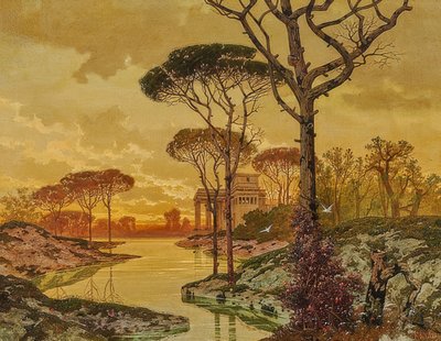 Paisaje ribereño al atardecer con villa de estilo antiguo de Ferdinand Knab