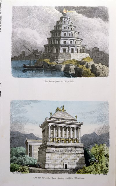 El gran faro de Alejandría y el mausoleo de Halicarnaso, de una serie de las Siete Maravillas del Mundo publicada en Munchener Bilderbogen, 1886 de Ferdinand Knab