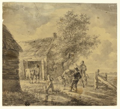 Granja con hombres y vacas de Ferdinand Kobell