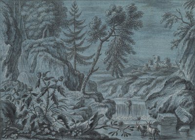 Paisaje sureño con una cascada y cabras de Ferdinand Kobell.