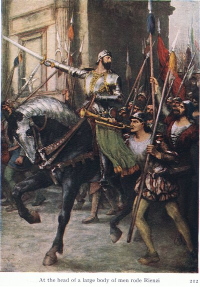 A la cabeza del gran grupo de hombres cabalgaba Rienzi, ilustración de Las historias de las óperas de Wagner, pub. por George Harrap & Co Ltd 1932 de Ferdinand Lecke