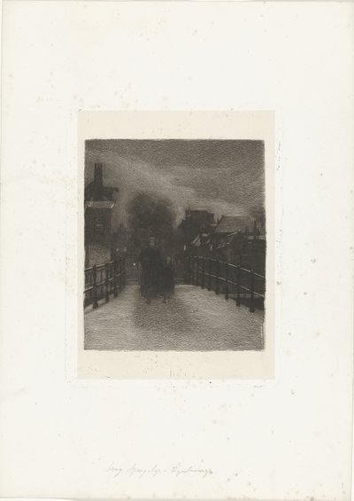 Anciana con niño en un puente Tarde de invierno (título sobre el objeto) de Ferdinand Oldewelt (signed by artist)