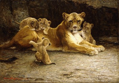 Una leona con sus cachorros de Ferdinand Schebek