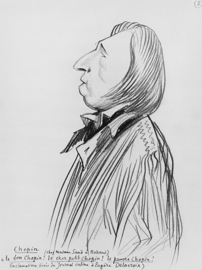 Caricatura de Frederic Chopin "en casa de Madame Sand en Nohant", principios del siglo XX (lápiz sobre papel) (foto b/n) de Ferdinand Sigismund Bac