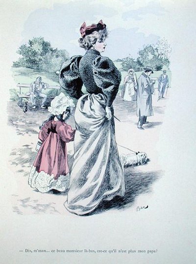 Mamá, ¿ese hombre de ahí es mi padre?", hacia 1900 (grabado coloreado). de Ferdinand Sigismund Bac