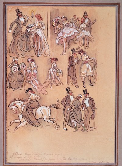 Segundo Imperio francés: plato de moda para bailarinas, jinete y caballeros elegantes (grabado) de Ferdinand Sigismund Bac