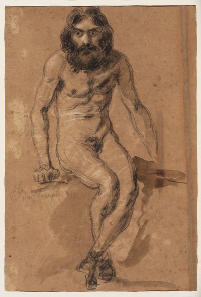 Caballos corriendo (anverso); Hombre desnudo con barba, sentado (reverso), c.1800-1899 (tiza blanca y negra (anverso), tiza blanca y negra y aguada marrón (reverso), sobre papel verjurado preparado de color marrón). de Ferdinand Victor Eugene (after) Delacroix