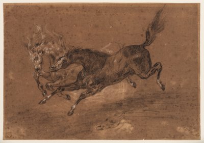 Caballos corriendo (anverso); Hombre desnudo con barba, sentado (reverso), c.1800-1899 (tiza blanca y negra (anverso), tiza blanca y negra y aguada marrón (reverso), sobre papel verjurado preparado de color marrón). de Ferdinand Victor Eugene (follower of) Delacroix