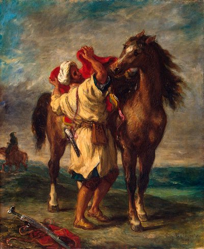 Un marroquí ensillando su caballo, 1855 de Ferdinand Victor Eugene Delacroix