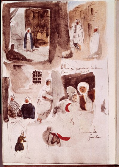 Álbum del norte de África y España: Calles, muros y tiendas con personajes de pie o sentados, incluido el hombre de Esmirna de Ferdinand Victor Eugene Delacroix