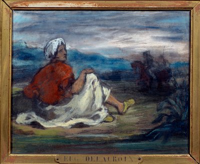 Un árabe sentado en el campo al borde de un camino de Ferdinand Victor Eugene Delacroix