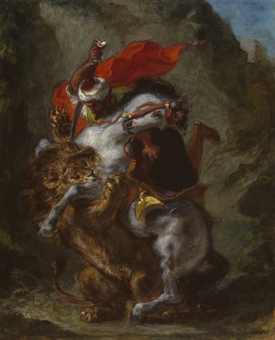 Jinete árabe atacado por un león, 1849-50 de Ferdinand Victor Eugene Delacroix