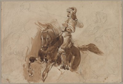 Figura armada a caballo recto, Caballo frente a un granero verso de Ferdinand Victor Eugene Delacroix