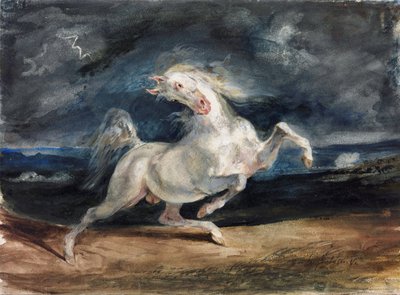 Cheval effraye par la foudre - Caballo asustado por un rayo - Delacroix, Eugene (1798-1863) - 1825-1829 - Acuarela, Gouache sobre Papel - 23,6x32 - Szepmuveszeti Muzeum, Budapest de Ferdinand Victor Eugene Delacroix