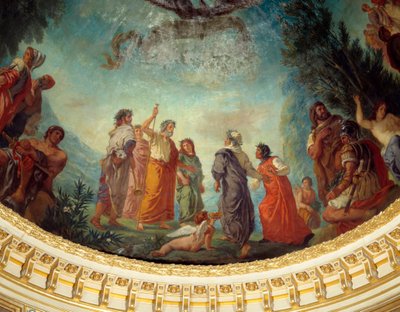 Descenso a los infiernos: “El poeta griego Homero, rodeado de los poetas Ovidio, Estacio y Horacio, da la bienvenida a Dante traído por Virgilio. Pirro, con sus armas, acompaña a Aníbal”. Detalle de la pintura de Eugène Delacroix (1798-1863) decorando la c de Ferdinand Victor Eugene Delacroix
