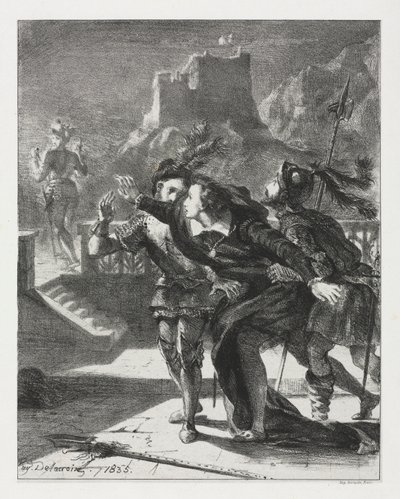 Hamlet: Hamlet se apresura a seguir al fantasma de su padre, 1835 de Ferdinand Victor Eugene Delacroix
