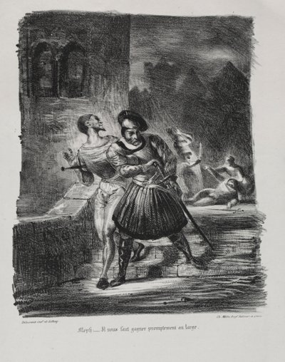 Ilustraciones para Fausto: Mefistófeles y Fausto huyen después del duelo, 1828 de Ferdinand Victor Eugene Delacroix
