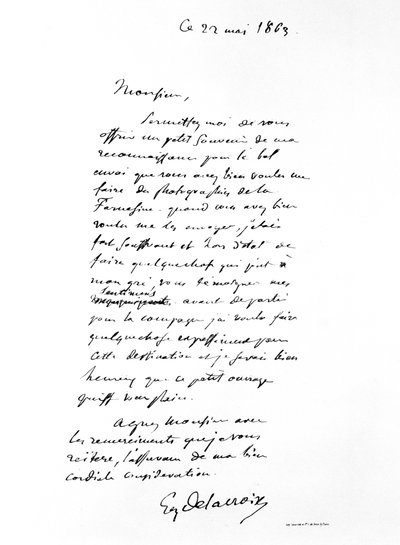 Carta firmada por Eugène Delacroix, artista romántico francés, 1863 de Ferdinand Victor Eugene Delacroix