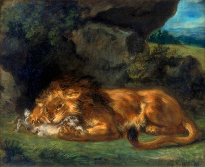 León devorando un conejo, siglo XIX de Ferdinand Victor Eugene Delacroix