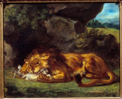 León golpeando a un conejo de Ferdinand Victor Eugene Delacroix