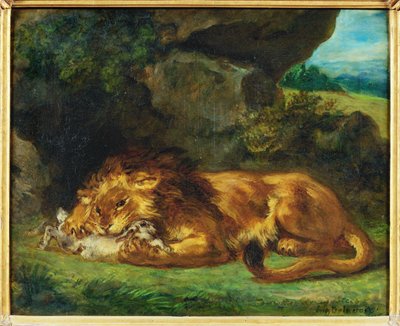 León devorando un conejo - un león devorando una liebre ... de Ferdinand Victor Eugene Delacroix