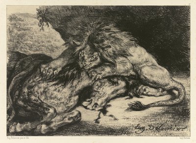 León devorando un caballo de Ferdinand Victor Eugene Delacroix