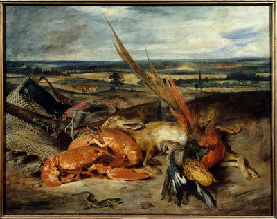 Naturaleza muerta con langosta y trofeos de caza y pesca de Ferdinand Victor Eugene Delacroix