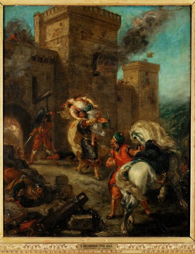 Rebeca secuestrada por un templario durante el saqueo del castillo de Frondeboeuf - Rebeca violada por un templario durante ... de Ferdinand Victor Eugene Delacroix