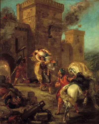 Rebeca llevada por el Templario durante el saqueo del castillo de Frondeboeuf. Del libro 