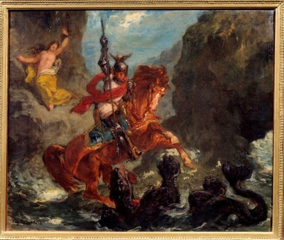 Roger liberando a Angélica. Angélica, entregada a un monstruo por piratas, es liberada por Roger que monta un hipogrifo. Ilustración para “Orlando Furioso” de Ludovico Ariosto. Pintura de Eugène Delacroix de Ferdinand Victor Eugene Delacroix