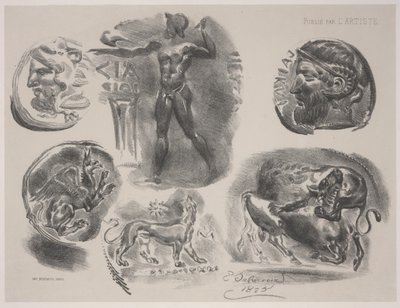 Hoja de Seis Medallas Antiguas de Ferdinand Victor Eugene Delacroix