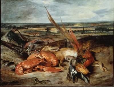 Bodegón con langosta y trofeos de caza y pesca de Ferdinand Victor Eugene Delacroix