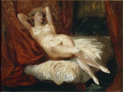 Estudio de mujer desnuda acostada en un sofá, llamada la mujer con medias blancas de Ferdinand Victor Eugene Delacroix