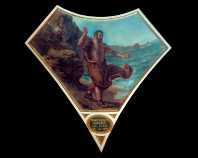 El orador político griego Demóstenes arengó las olas del mar para endurecerse ante el tumulto y el bullicio de las asambleas del pueblo de Atenas. Fresco de Eugene Delacroix decorando la cúpula de la biblioteca de la Asamblea Nacional de Ferdinand Victor Eugene Delacroix