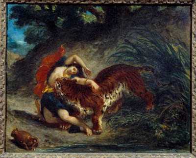 Joven mujer llevada por un tigre o indio mordido por un tigre de Ferdinand Victor Eugene Delacroix