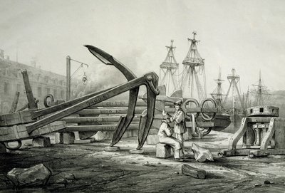 Anclas en el astillero naval, por Ferdinand Perrot, litografía de Ferdinand Victor Perrot