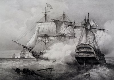 Batalla entre el barco estadounidense de 74 cañones y la fragata británica, litografía por Ferdinand Perrot de Ferdinand Victor Perrot