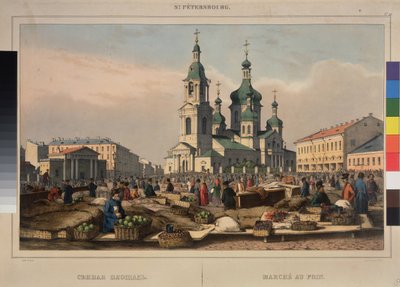 Hay Market y la Catedral de la Asunción de la Madre de Dios, en San Petersburgo. Obra de Ferdinand Victor Perrot (1808-1841), litografía y acuarela sobre papel de Ferdinand Victor Perrot