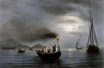 Pesca nocturna con lámpara de pesca, litografía en color de Ferdinand Perrot (1808-1841) de Ferdinand Victor Perrot