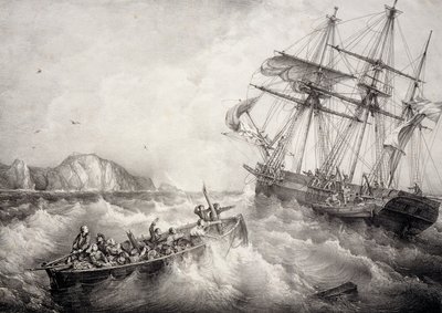 Rescate de la tripulación de un barco pesquero bretón por el barco sueco Le Neptune, litografía de Ferdinand Perrot de Ferdinand Victor Perrot