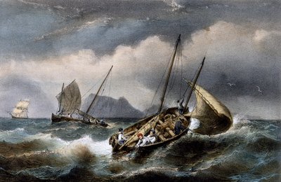 Pesca de sardinas a lo largo de la costa de Bretaña, litografía en color de Ferdinand Perrot (1808-1841) de Ferdinand Victor Perrot